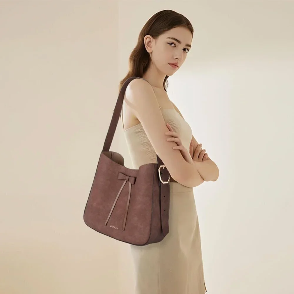 Women's Faux Leather Tote Bag With Bowknot Decoration Large Casual Handbag
